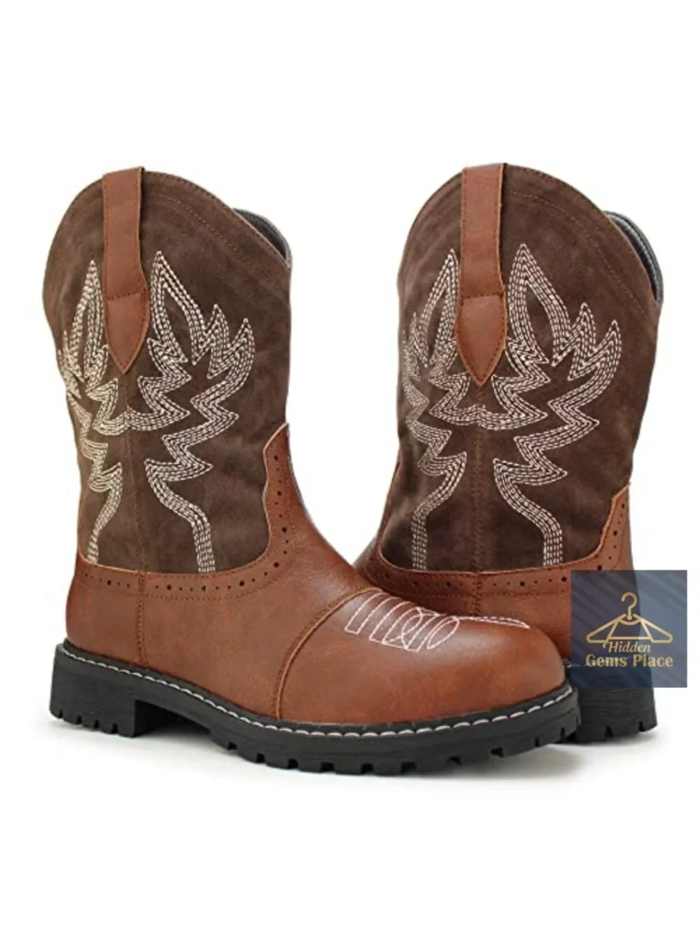 Women's Mid Calf Cowboy Boots Embroidered Suede Round Toe Pull On